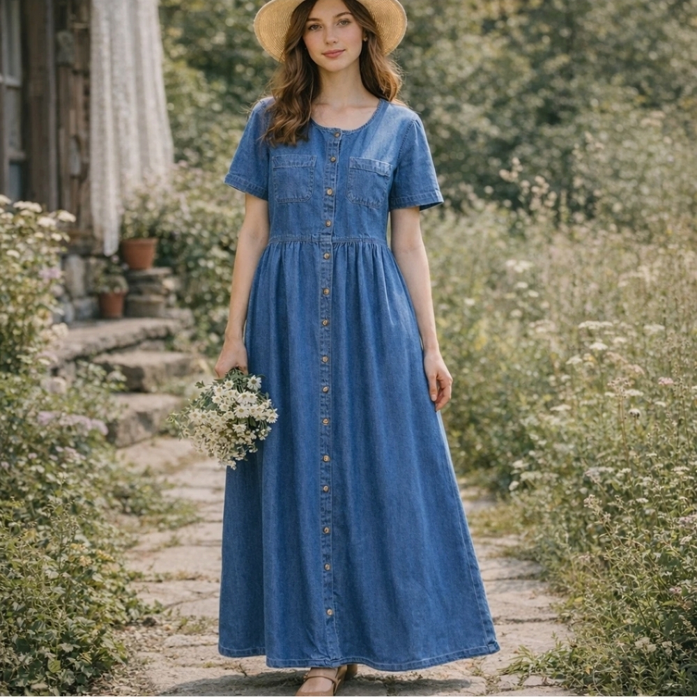 NWOT Vtg 90's Denim Maxi Dress Sz L Button Up Cotton Pockets Cottagecore Western